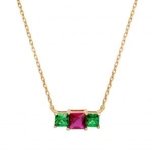 Collar Plata Chapada en Oro de 18 Kt triple circonita multicolor Ruby/Verde.